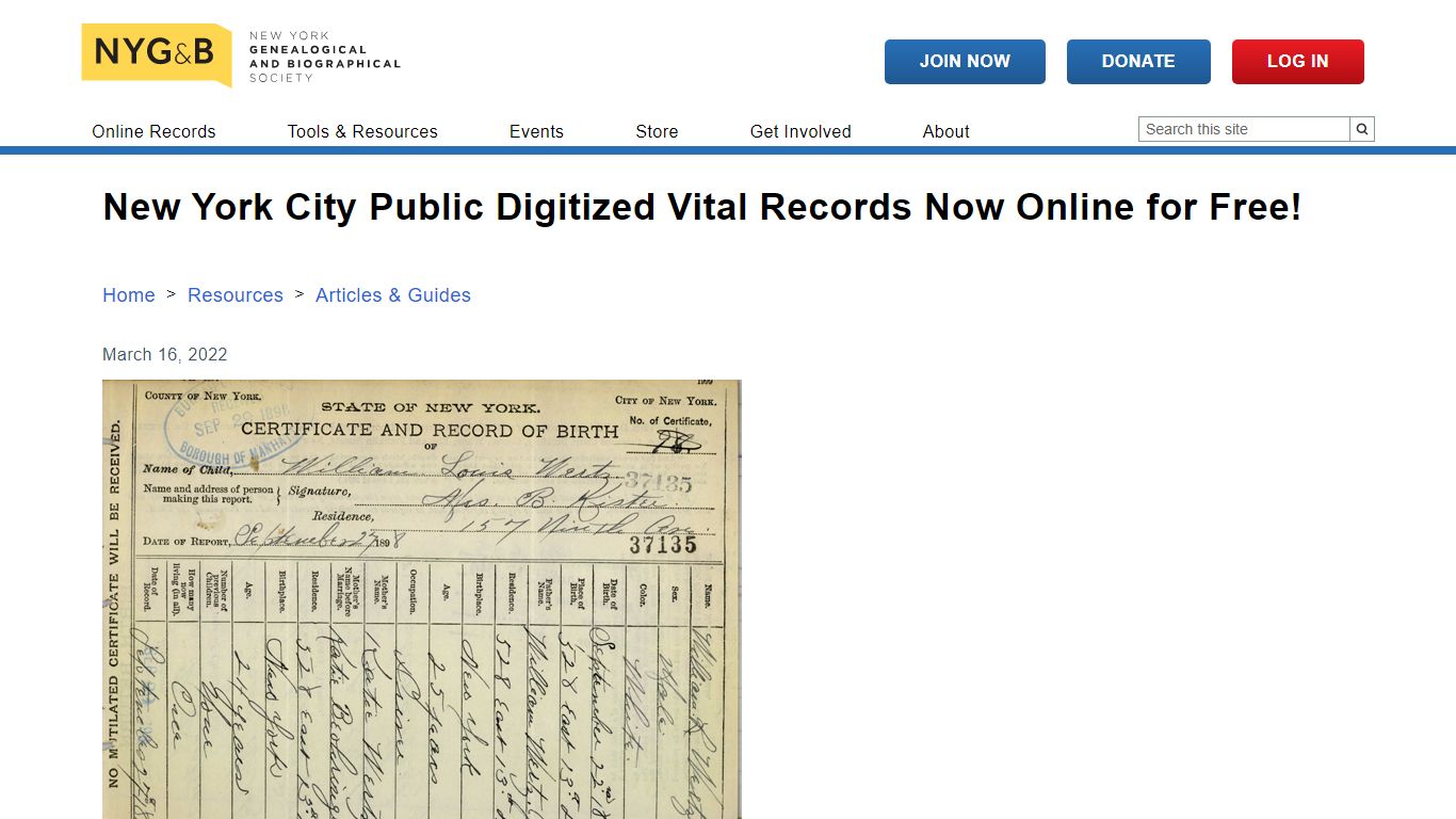 New York City Public Digitized Vital Records Now Online for Free!